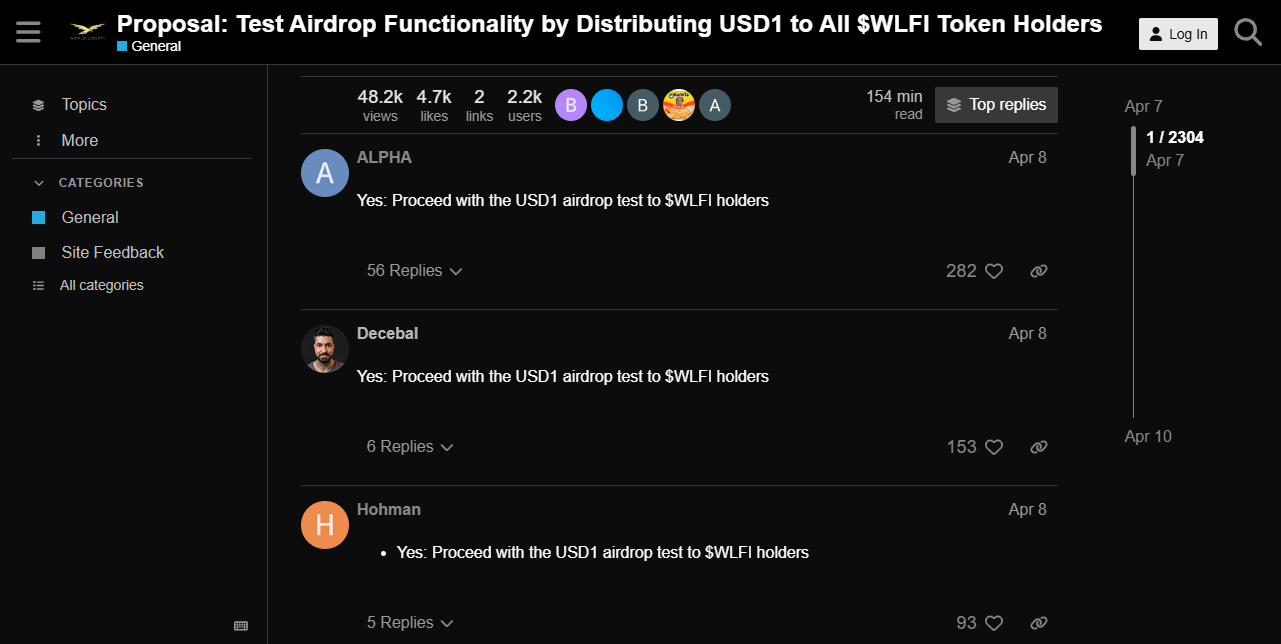 USD1エアドロップ提案に対するコミュニティの反応