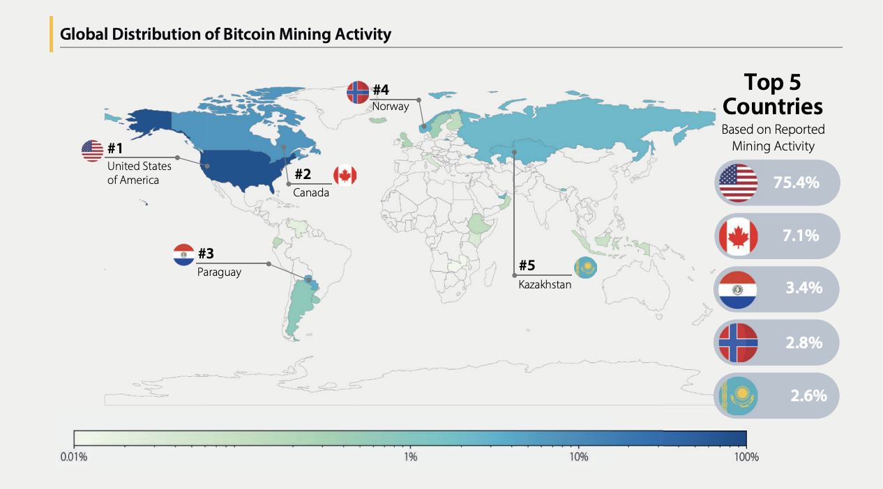 ビットコインマイニング活動の世界的な分布。