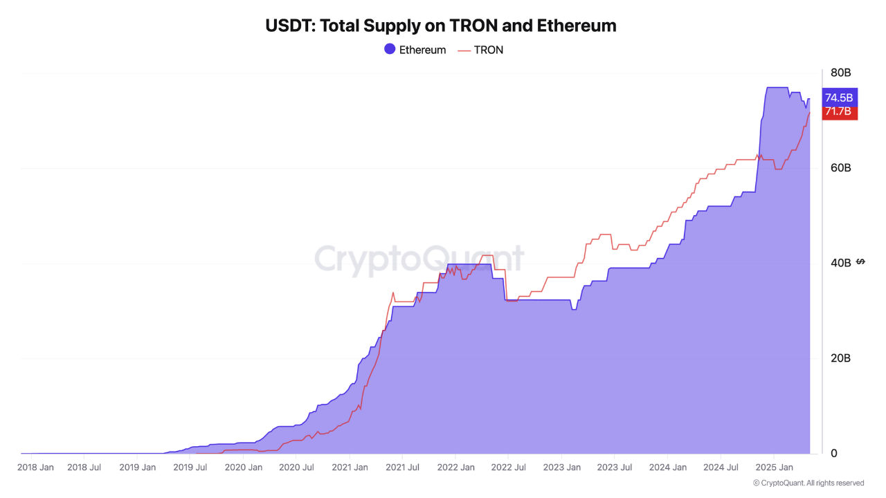 TRONとイーサリアム上のUSDT総供給量。出典: CryptoQuant