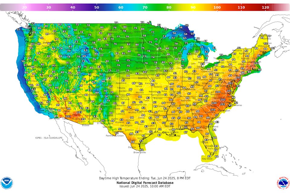 米国の日中最高気温。出典:National Digital Forecast Database (NDFD)