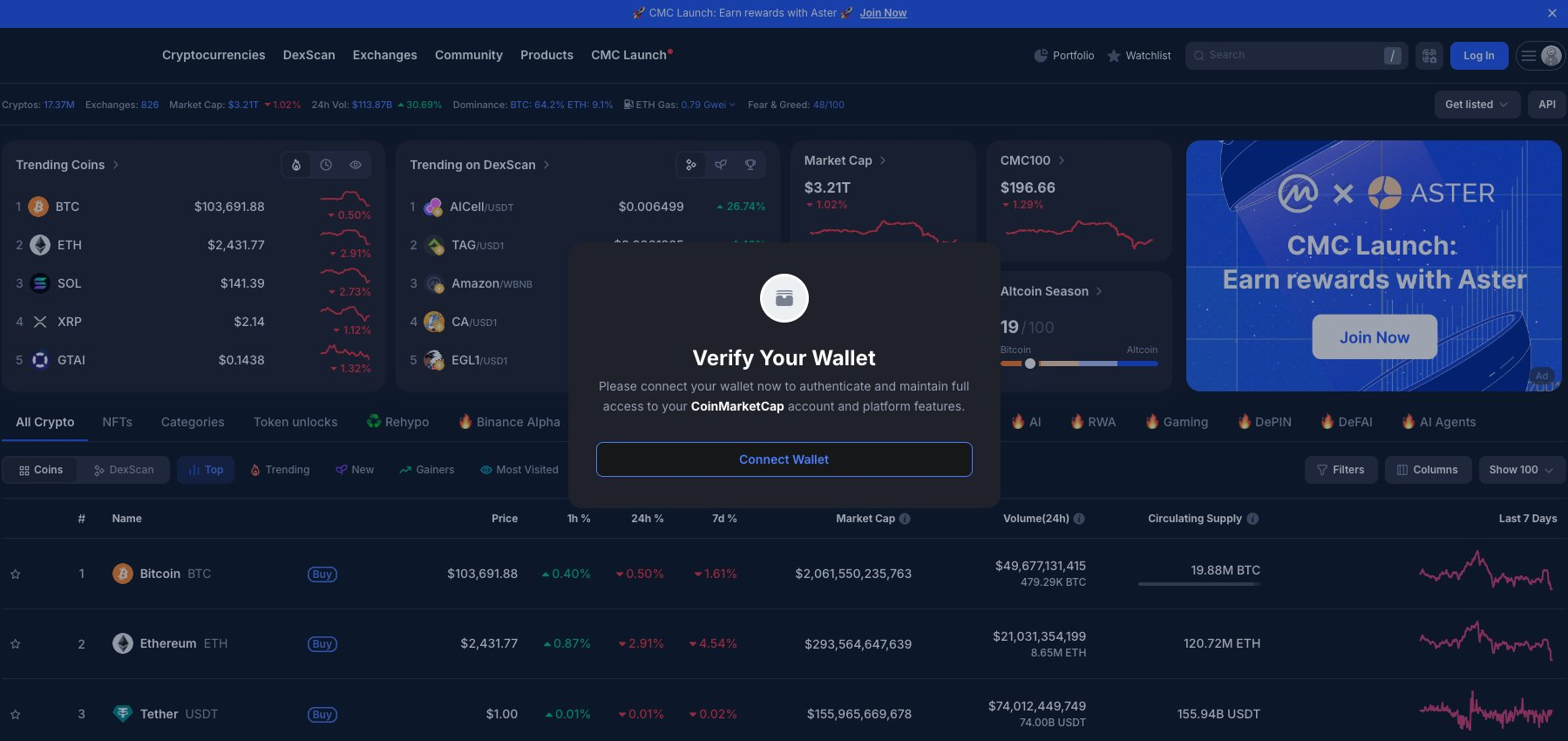CoinMarketCapのホームページに表示された悪意のあるポップアップメッセージ。