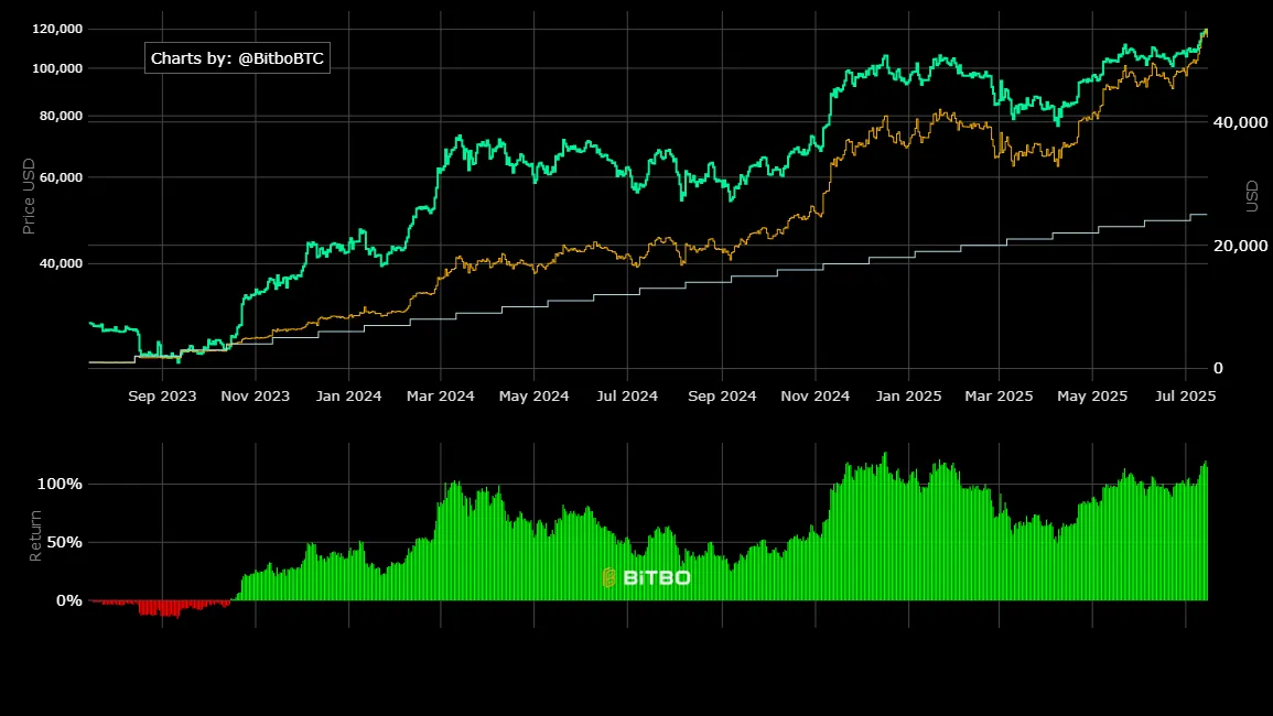 毎月1000ドルをビットコインに投資した場合のDCAパフォーマンス。出典:Bitbo